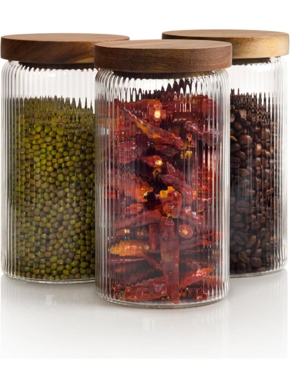 Ribbed Glass Storage Jars with Wooden Lids - Set of 3, Airtight Canisters for